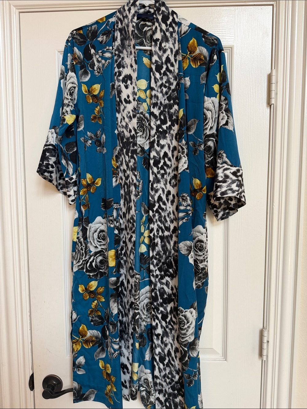RACHEL Rachel Roy Black & White Floral Leopard Trim Kimono or Duster